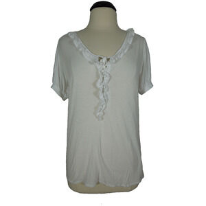 CONVERSE ONE STAR Henley Top L LARGE White Scoop Neck Front Ruffle Short Sleeve